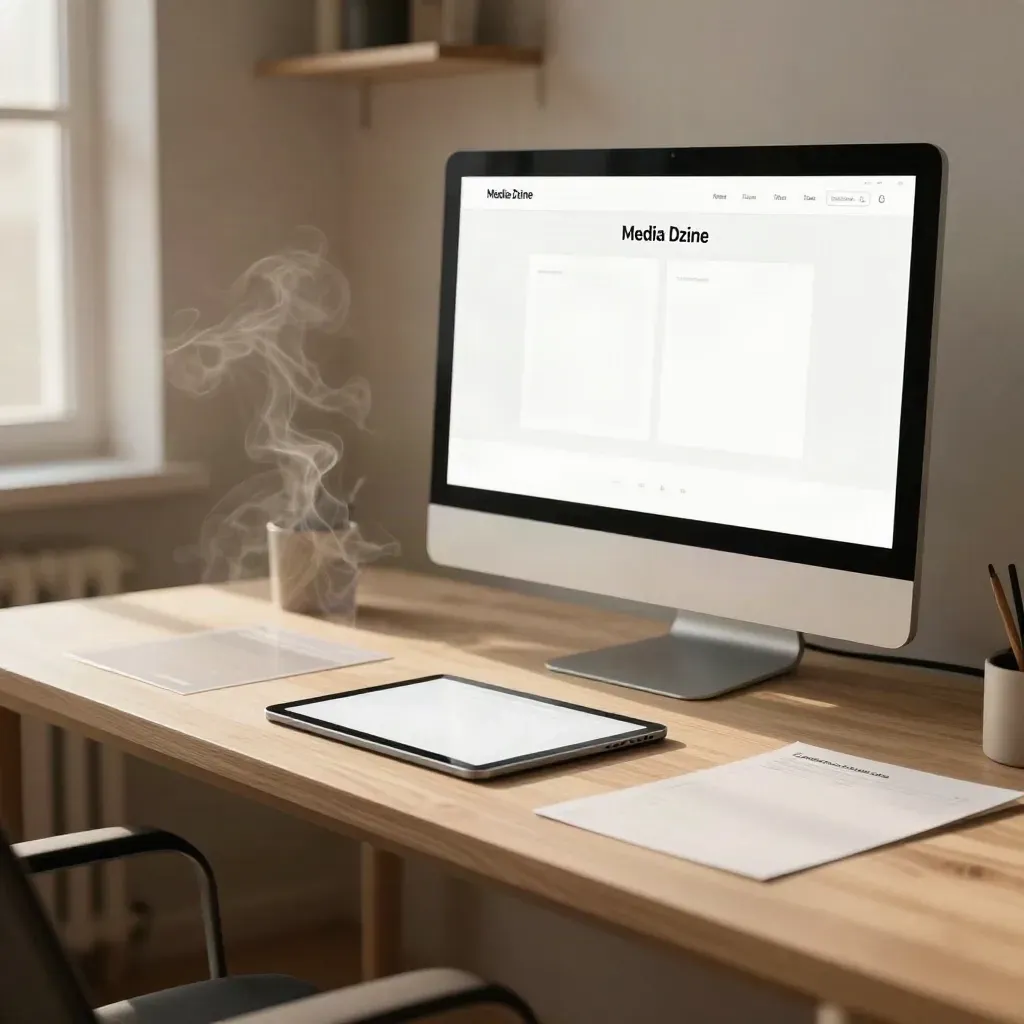Dawn-lit studio counter with tablet, monitor, layout cards, and translucent annotations.