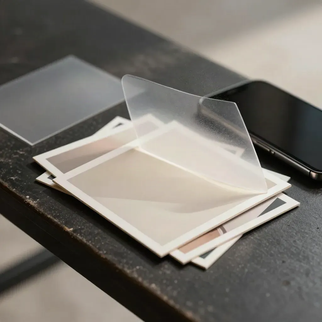 Overhead motion shot of sliding Instagram post tiles, phone, and diffusion card on a black studio bench.