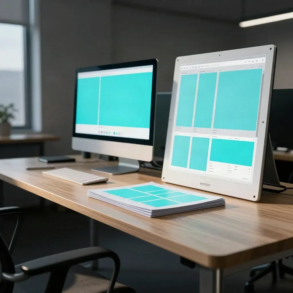 Cyan landing-page layout on a monitor beside a matching hero board on a pale wood desk at dusk.